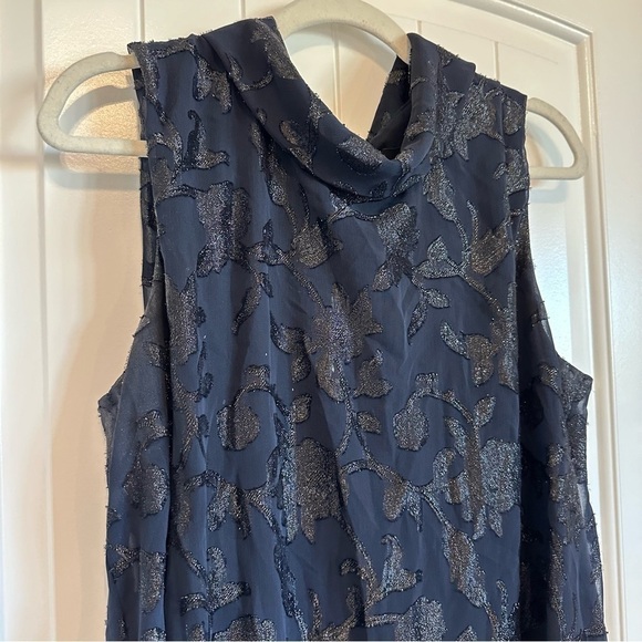 Navy blue embellished overlay sleeveless cowl neck shift dress, super flattering - Picture 3 of 10